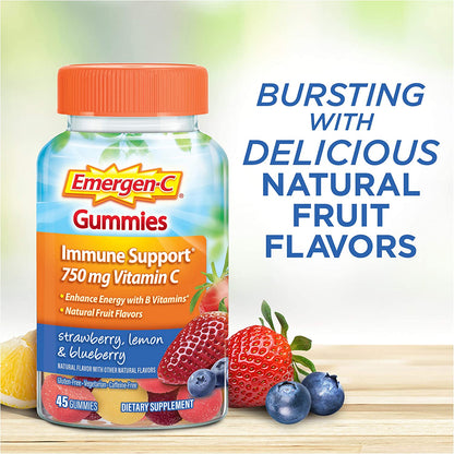 Emergen-C 750Mg Vitamin C Gummies for Adults, Immune Support Gummies, Gluten Free, Strawberry, Lemon and Blueberry Flavors - 45 Count