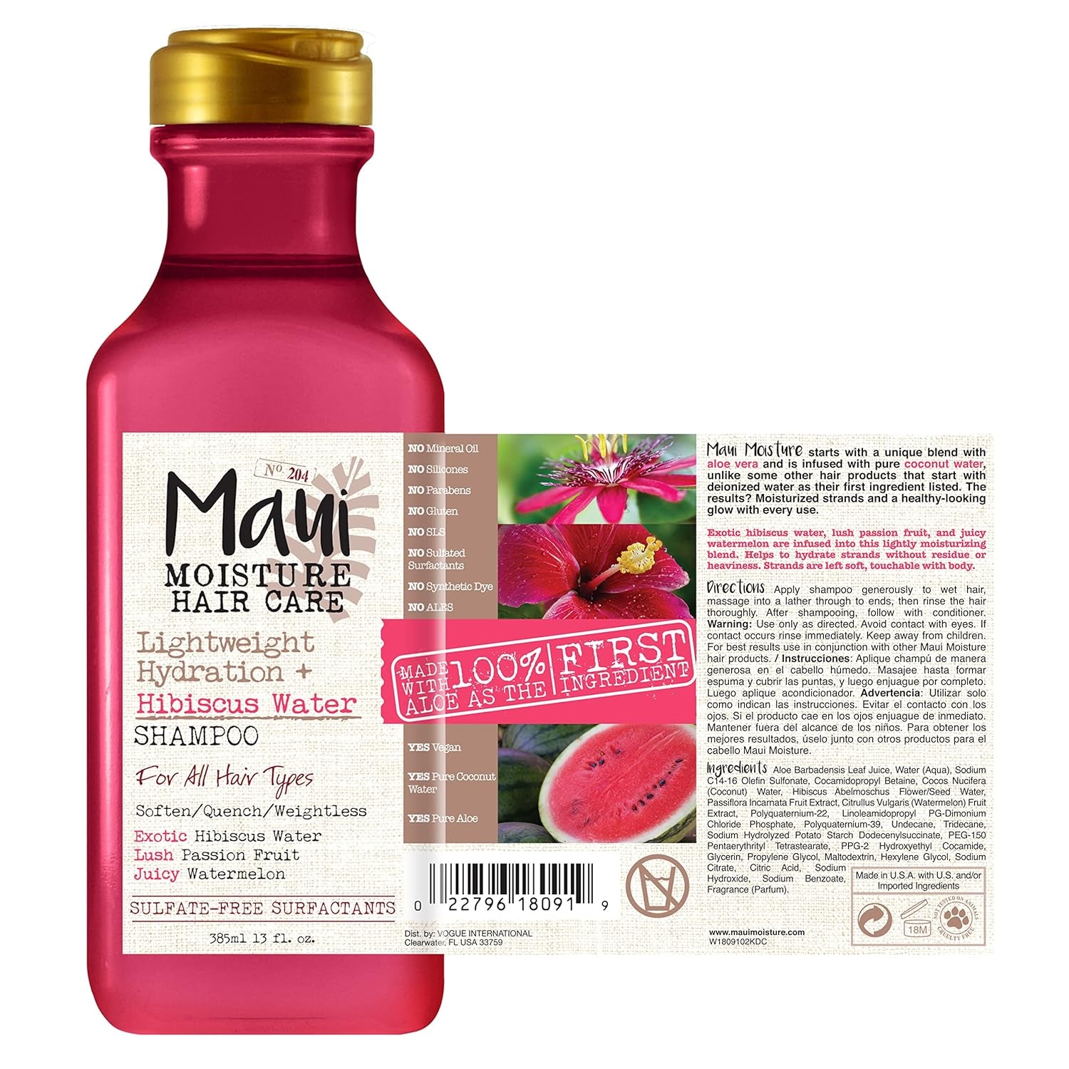 Maui Moisture Lightweight Hydration + Hibiscus Water Shampoo for Daily Moisture, No Sulfates, 13 Fl Oz