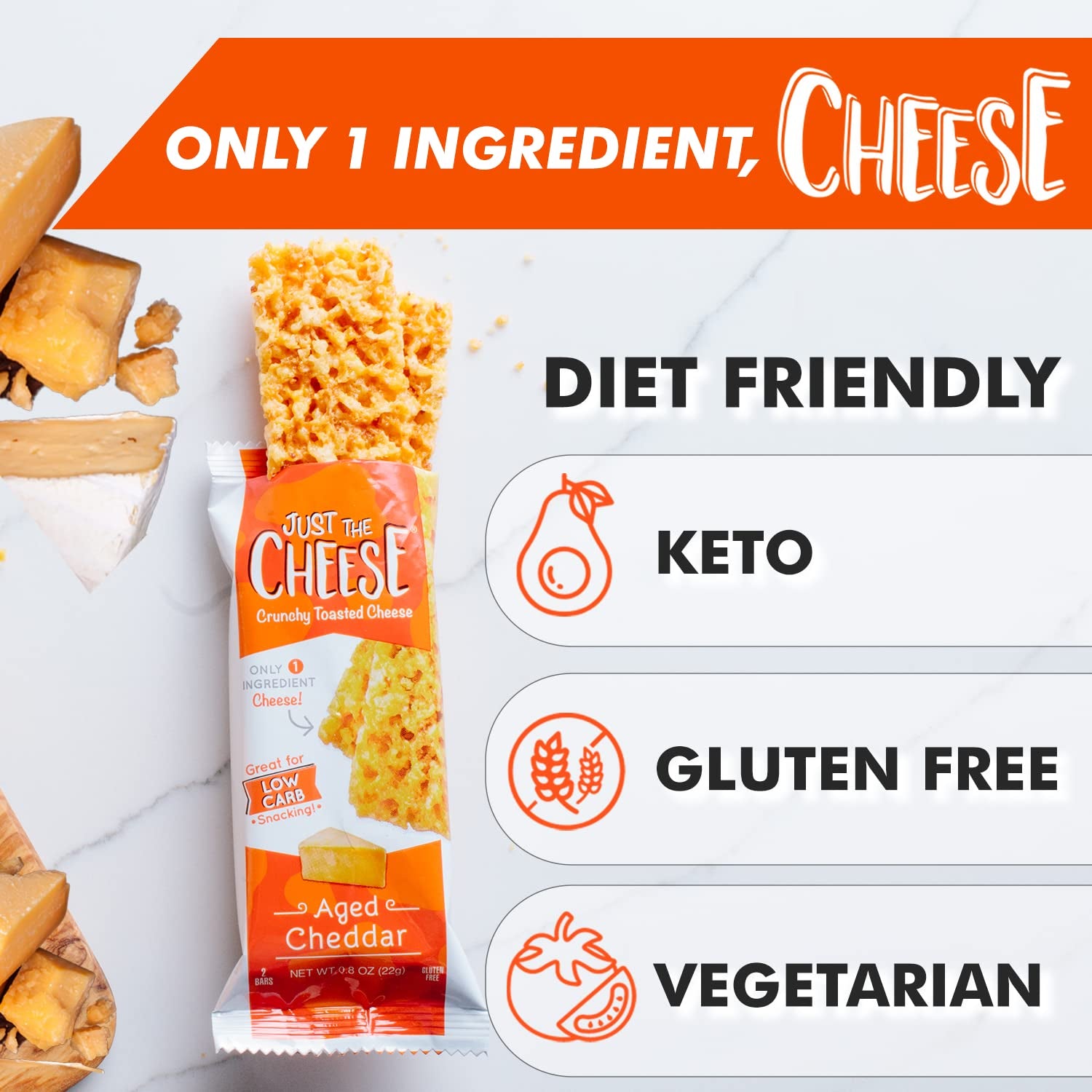 Just the Cheese Bars Cheese Crisps | High Protein Baked Keto Snack | Made with 100% Real Cheese | Gluten Free | Low Carb Lifestyle | CHEESE & AGED CHEDDAR BLEND, 0.8 Ounces (Pack of 10)