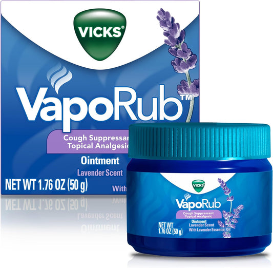 Vicks Vaporub, Lavender Scent, Cough Suppressant, Topical Chest Rub & Analgesic Ointment, Medicated Vicks Vapors, Relief from Cough Due to Cold, Aches & Pains, 1.76Oz