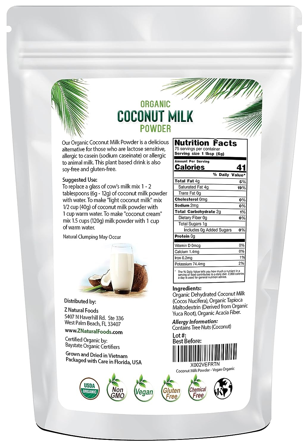 Organic Coconut Milk Powder, Lactose Free Milk, 1 Lb