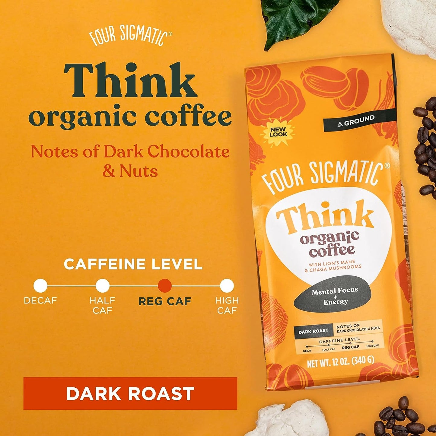 Organic Ground Mushroom Coffee by Four Sigmatic | Dark Roast, Fair Trade Gourmet Coffee with Lion'S Mane, Chaga & Mushroom Powder | Immune Boosting Coffee for Focus & Immune Support | 12Oz Bag