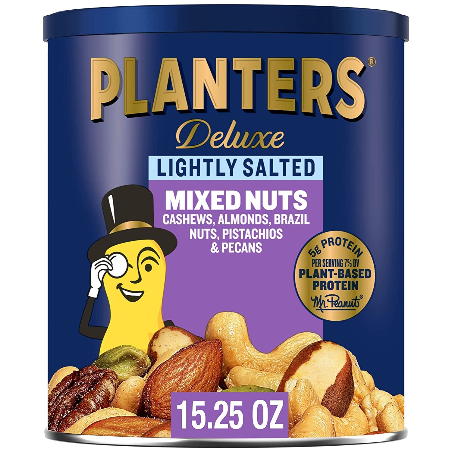 PLANTERS Deluxe Lightly Salted Mixed Nuts, Party Snacks, Plant-Based Protein 15.25Oz (1 Canister)