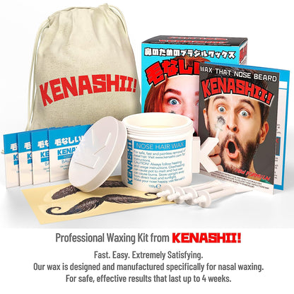 Nose Wax Kit | 100 G Wax, 24 Applicators | the Original and Best Nose and Ear Hair Removal Kit from Kenashii | Nasal Waxing for Men and Women | 12 Applications | 12 Balm Wipes | 12 Mustache Guards