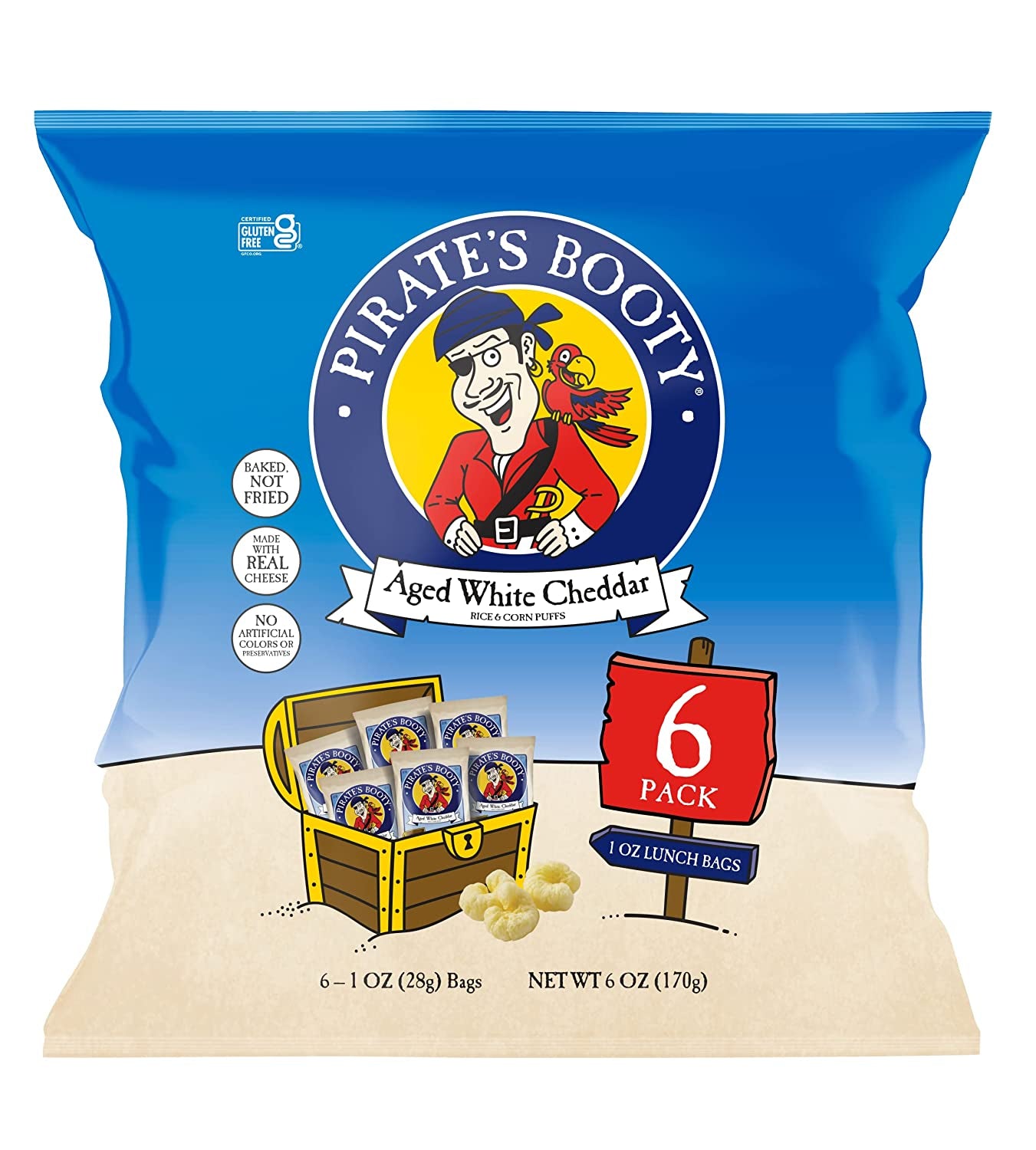 Pirate'S Booty Aged White Cheddar Cheese Puffs 6Ct, 1Oz Individual Snack Size Bags, Gluten Free, Healthy Kids Snacks