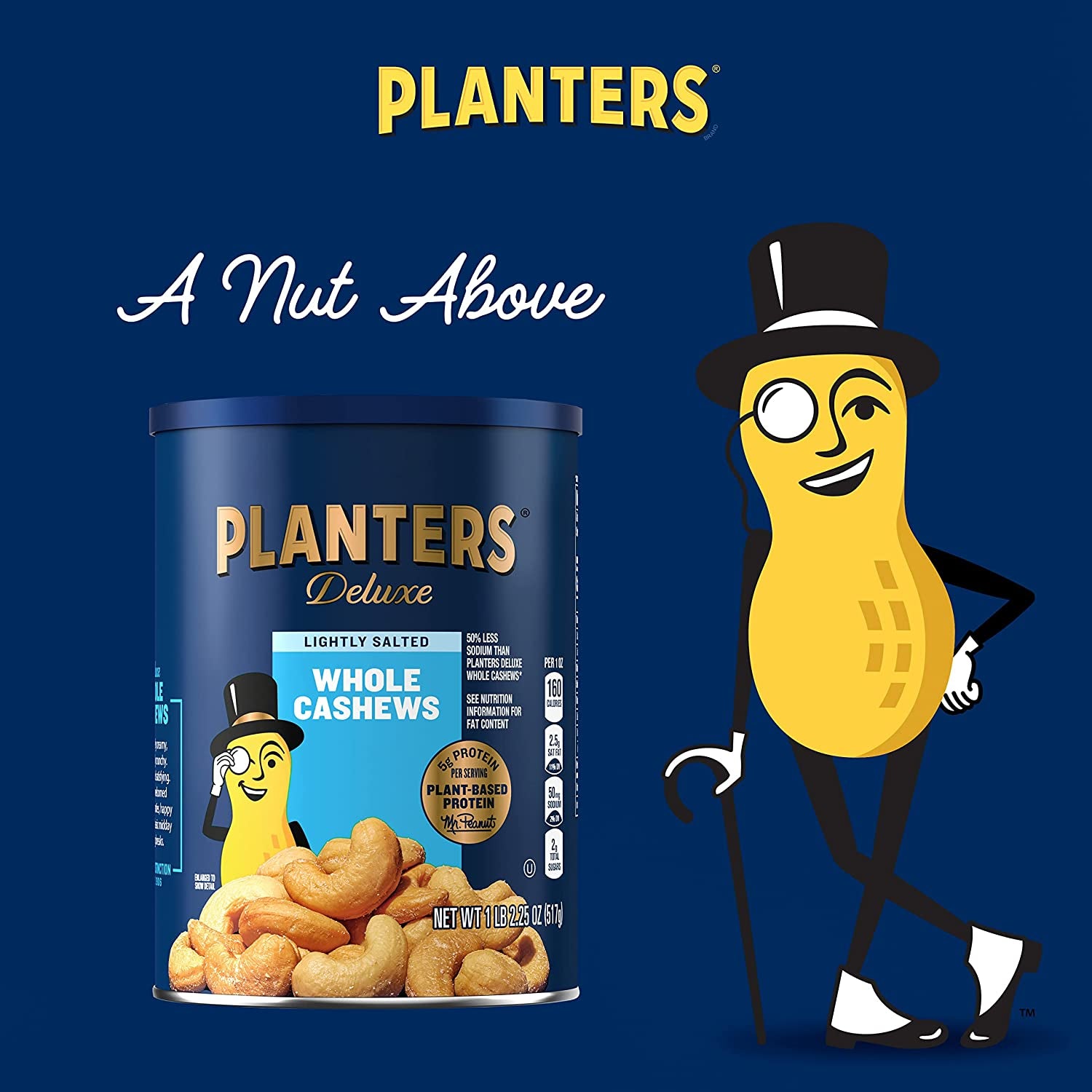 PLANTERS Deluxe Lightly Salted Whole Cashews, Party Snacks, Plant-Based Protein 18.25Oz (1 Canister)