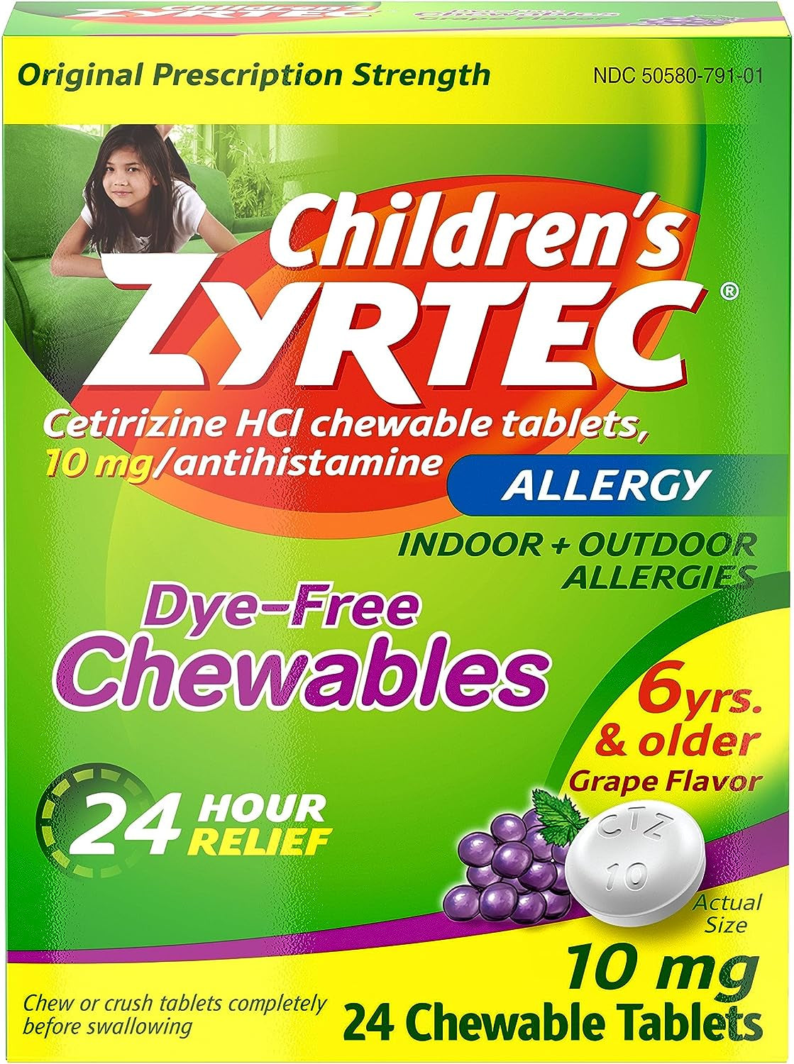 Zyrtec 24 Hour Children'S Allergy Grape Chewables, 10 Mg Cetirizine Hcl Antihistamine per Tablet, Allergy Medicine for Kids Relieves Sneezing, Itchy Throat & More, Dye-Free, Grape, 24 Ct