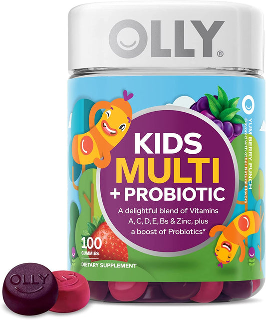 OLLY Kids Multivitamin + Probiotic Gummy, Digestive and Immune Support, Vitamins A, D, C, E, B, Zinc, Kids Chewable Supplement, Berry, 50 Day Supply - 100 Count (Pack of 1)