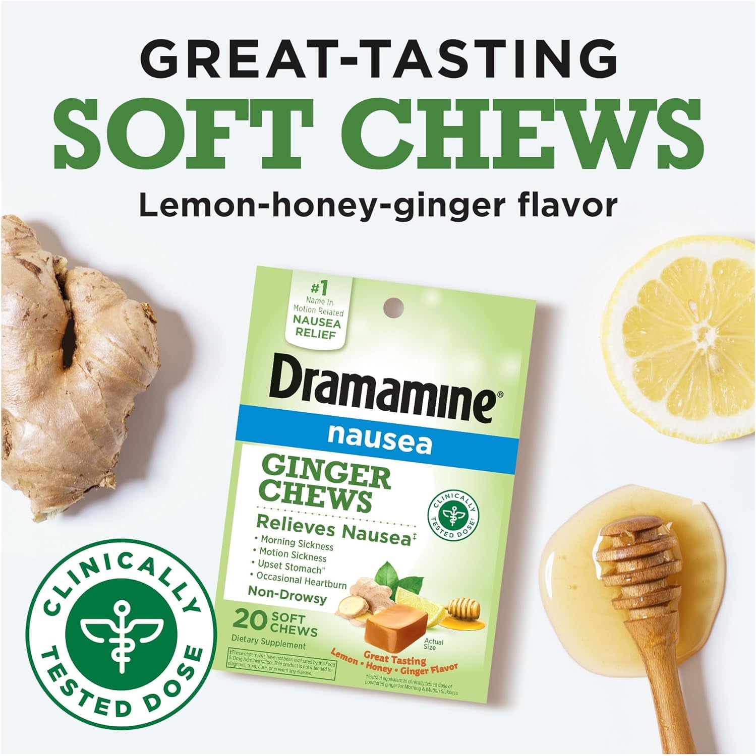 Dramamine Ginger Chews, Nausea Relief Soft Chews Lemon-Honey-Ginger, 20 Count