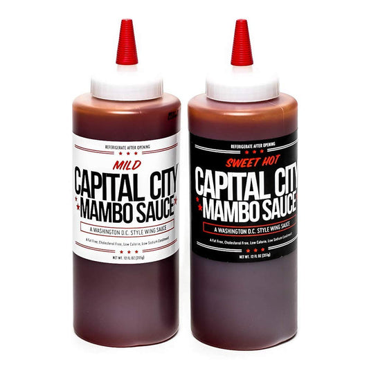 Capital City Mambo Sauce - Variety 2 Pack - Sweet Hot & Mild | Washington DC Wing Sauces | Perfect Condiment Topping for Wings, Chicken, Pork, Beef, Seafood, Burgers, Rice or Noodles | 12 Oz Bottles (2 Pack)