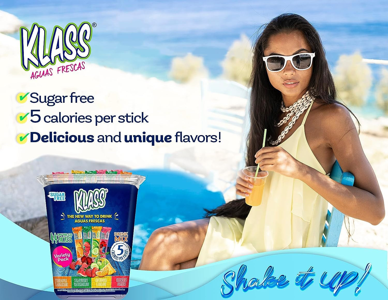 Klass Aguas Frescas, Fruit Variety Pack, Sugar Free Drink Mix , On-The-Go! Powdered Drink Mix (44 Count Powder Stick Packs) 5 Calories per Packet- Shake It Up! the New Way to Drink Aguas Frescas.