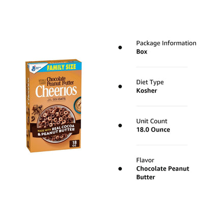 Cheerios Chocolate Peanut Butter Cheerios Cereal, Breakfast Cereal with Whole Grain Oats, 18 OZ Family Size