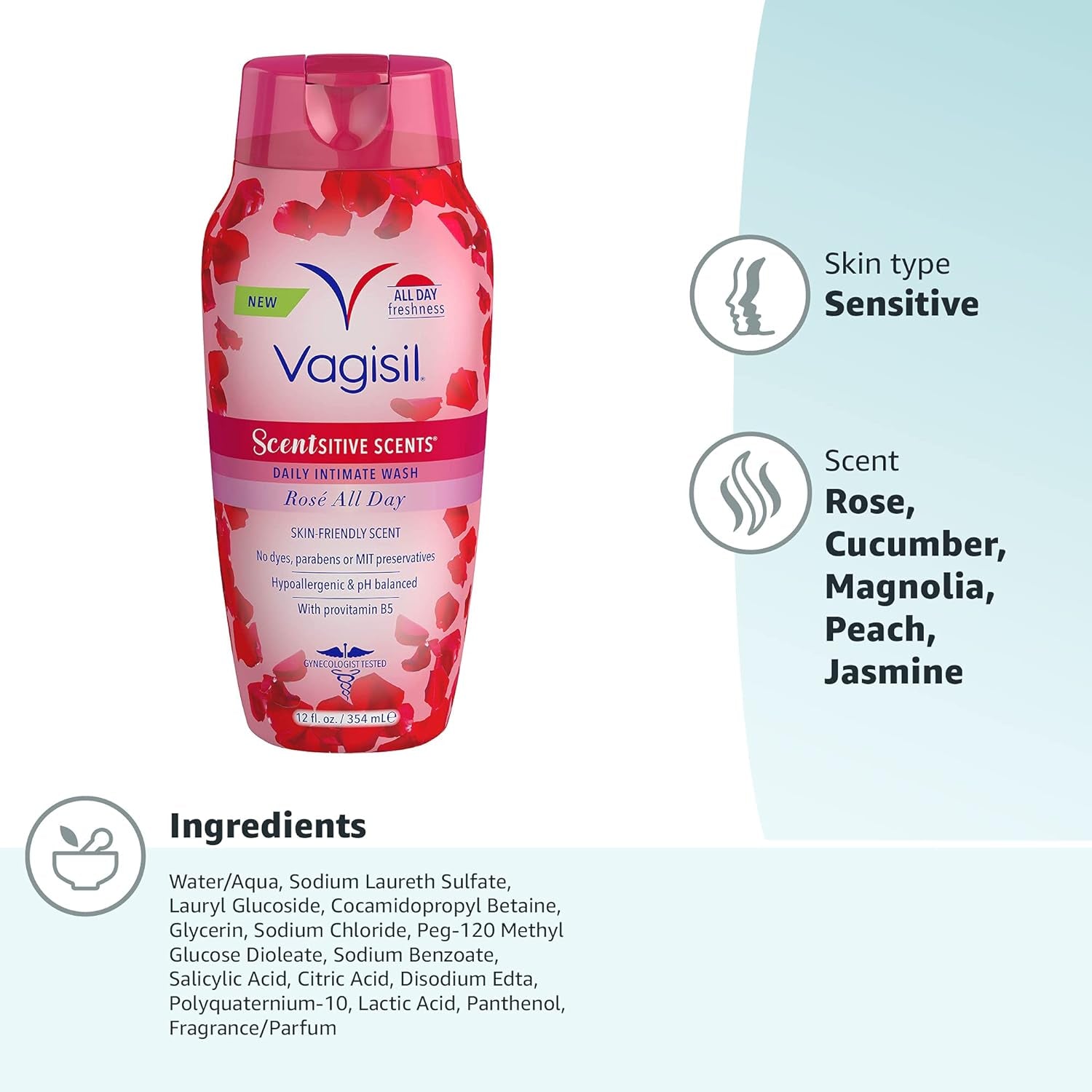 Vagisil Feminine Wash for Intimate Area Hygiene, Scentsitive Scents, Ph Balanced and Gynecologist Tested, Rose All Day, 12 Oz (Pack of 1)