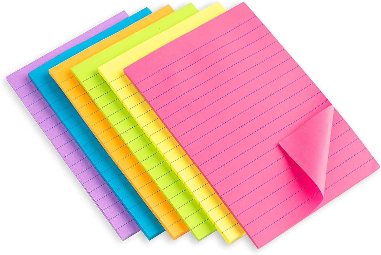 Lined Sticky Notes 4X6 in Bright Ruled Post Stickies Colorful Super Sticking Power Memo Pads Its Strong Adhesive, 6 Pads/Pack, 45 Sheets/Pad