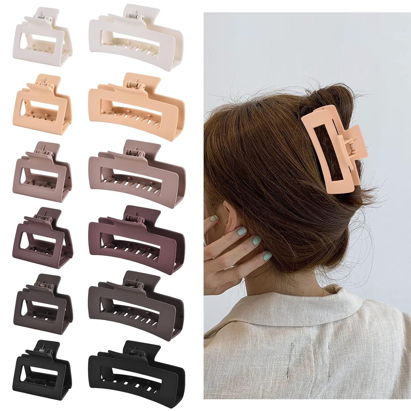 12 Pcs Rectangle Hair Clips, Hair Accessories for Women and Girls, Including 6 Pcs 4 Inch Large Claw Clips for Thick Hair and 6 Pcs 2 Inch Small Hair Claw Clips for Thin Hair (Neutral)