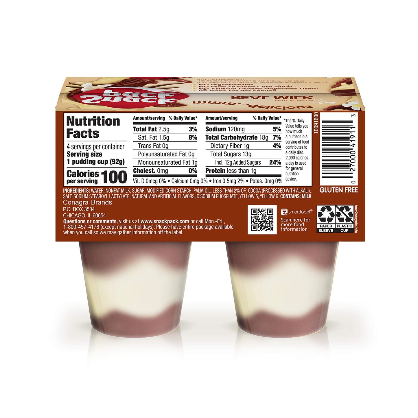 Snack Pack Chocolate Vanilla Pudding Cups, 4 Count, 12 Pack