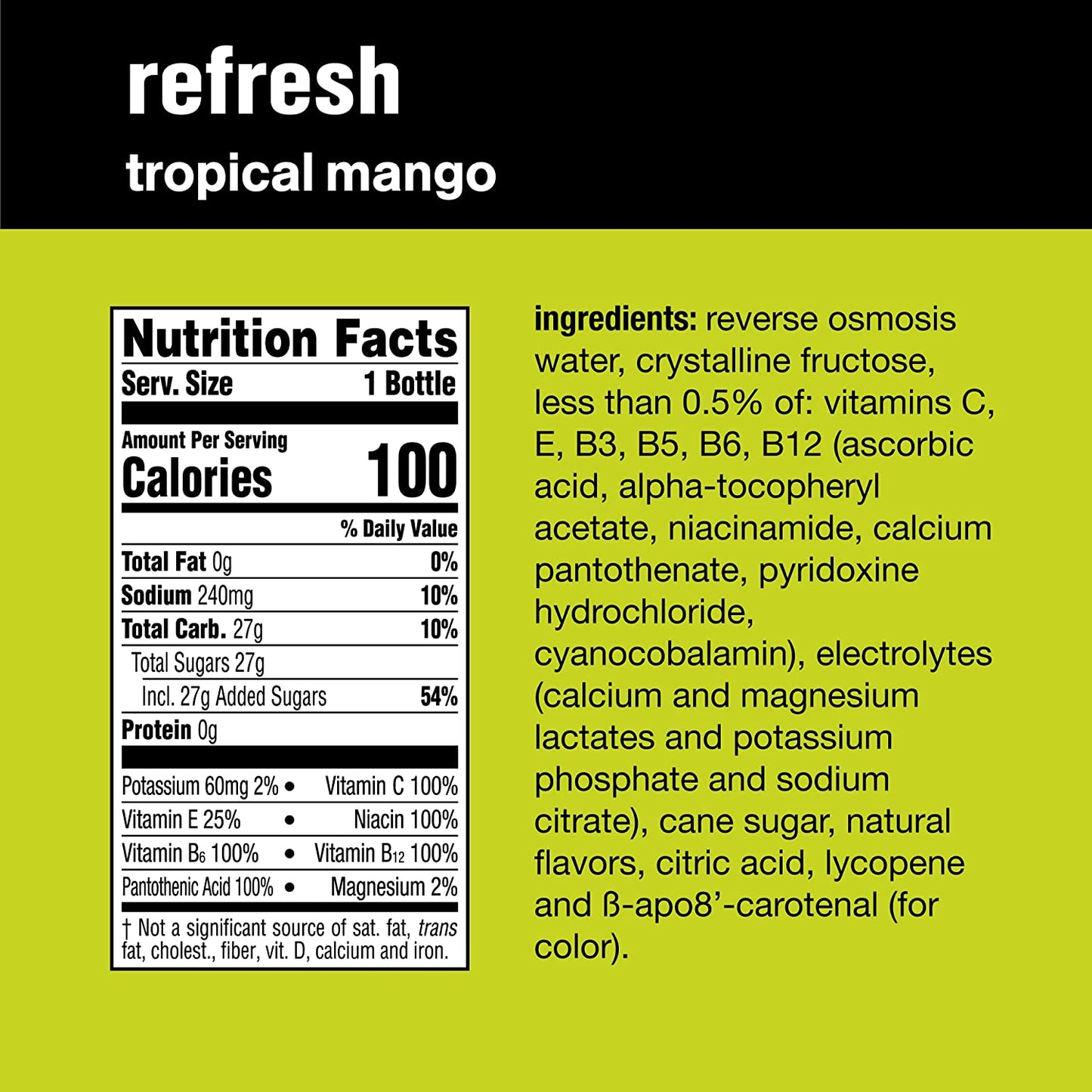 Vitaminwater Refresh Electrolyte Enhanced Water W/ Vitamins, Tropical Mango Drinks, 20 Fl Oz, 12 Pack