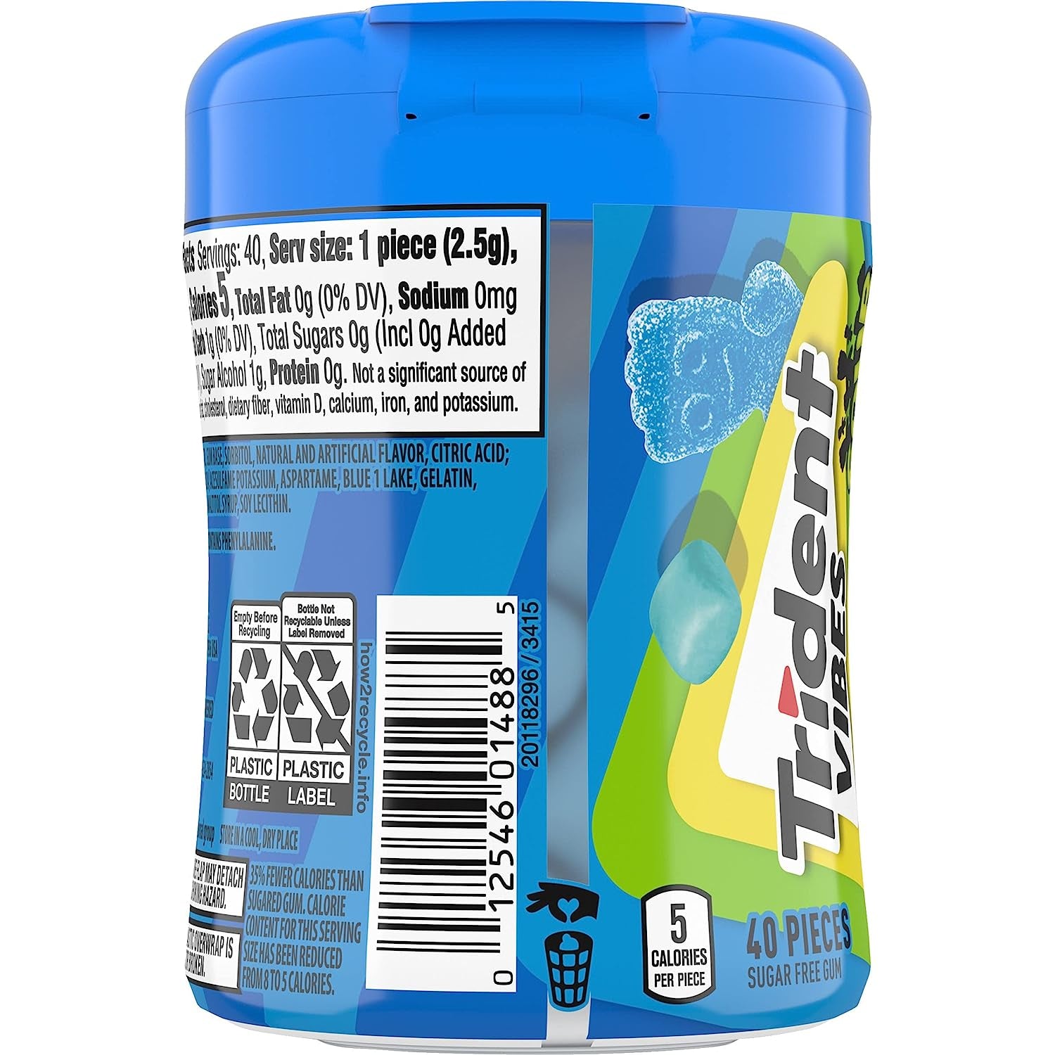 Trident Vibes SOUR PATCH KIDS Blue Raspberry Sugar Free Gum, 40 Piece Bottle