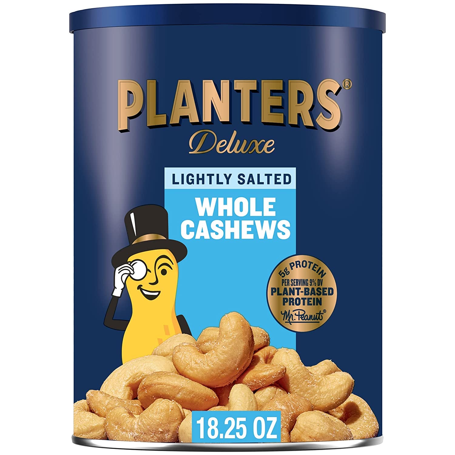 PLANTERS Deluxe Lightly Salted Whole Cashews, Party Snacks, Plant-Based Protein 18.25Oz (1 Canister)