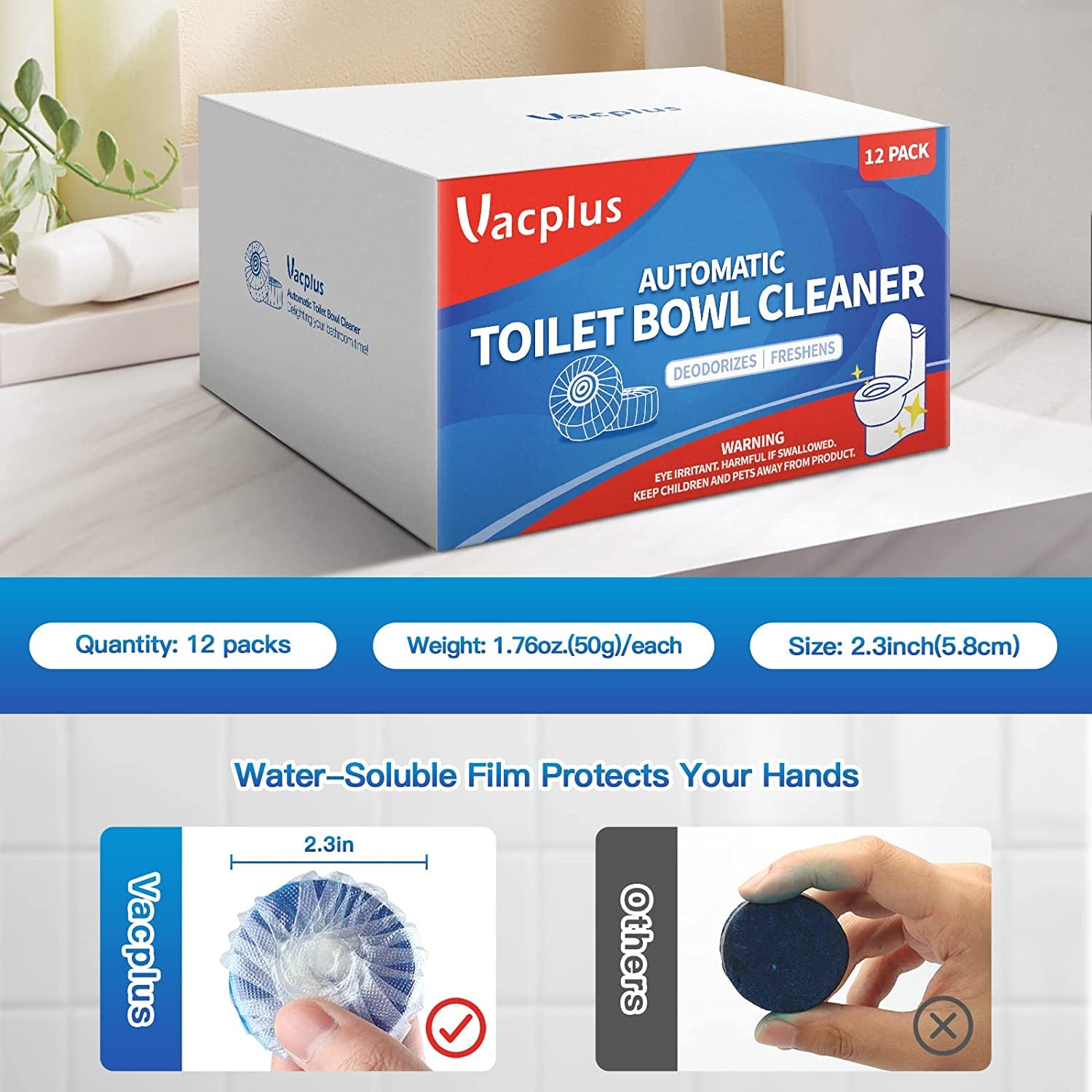 Vacplus Automatic Toilet Bowl Cleaner Tablets, Bathroom Toilet Tank Cleaner (12 PACK), VA-T165