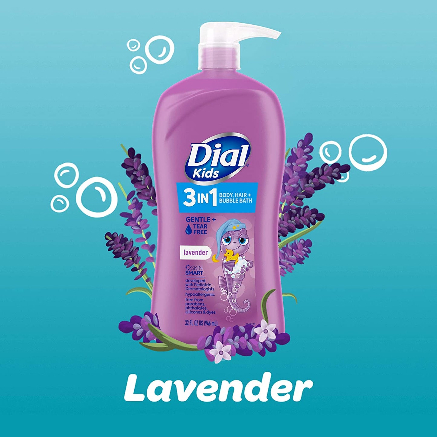 Dial Kids 3-In-1 Body+Hair+Bubble Bath, Lavender Scent, 32 Fl Oz