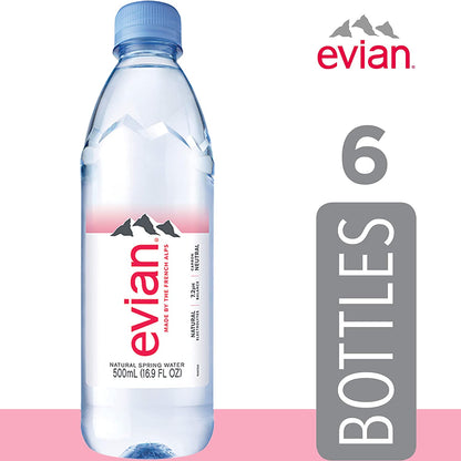 Evian Natural Spring Water 500 Ml/16.9 Fl Oz (Pack of 6), Bottled Naturally Filtered Spring Water in Individual-Sized Bottles