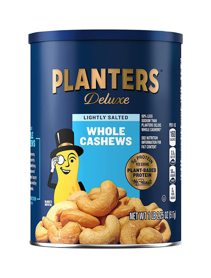 PLANTERS Deluxe Lightly Salted Whole Cashews, Party Snacks, Plant-Based Protein 18.25Oz (1 Canister)