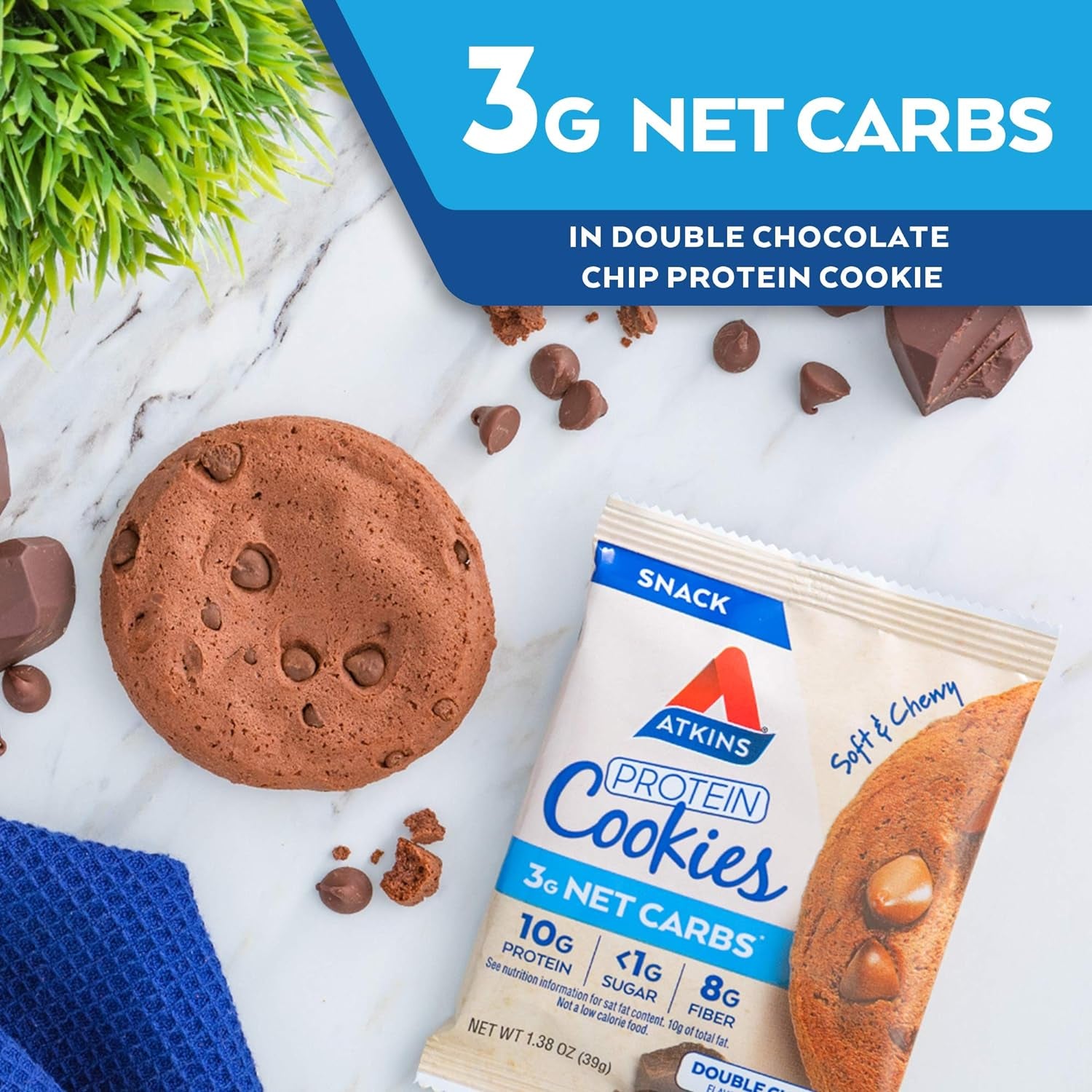 Atkins Double Chocolate Chip Protein Cookie, Protein Dessert, Rich in Fiber, 3G Net Carbs, 1G Sugar, Keto Friendly, 4 Count