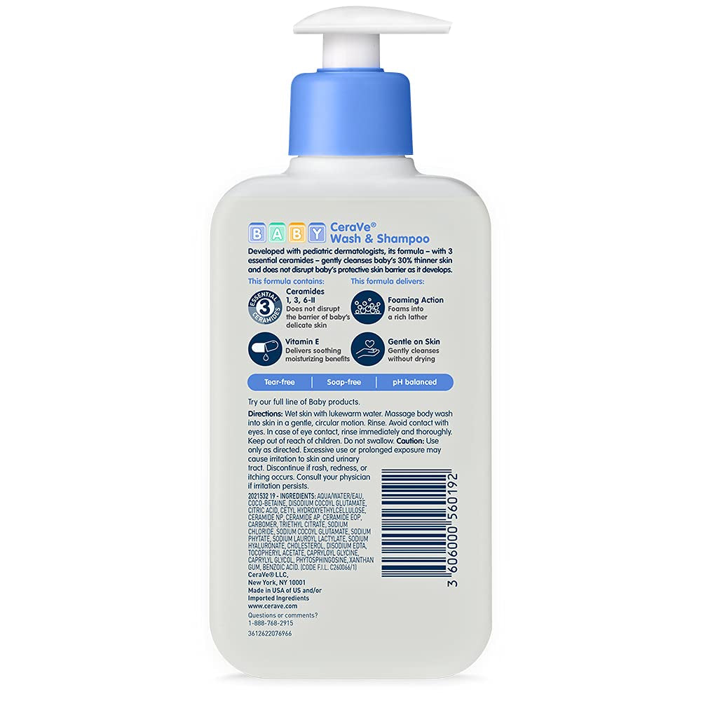 Cerave Baby Wash & Shampoo | Fragrance, Paraben, & Sulfate Free Shampoo for Tear-Free Baby Bath Time | 8 Ounce