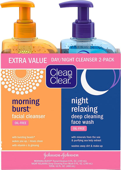 Clean & Clear 2-Pack of Day & Night Face Wash with Citrus Morning Burst Facial Cleanser with Vitamin C + Cucumber and Night Relaxing Face Wash, Oil-Free Facial Cleanser, Hypoallergenic Face Wash