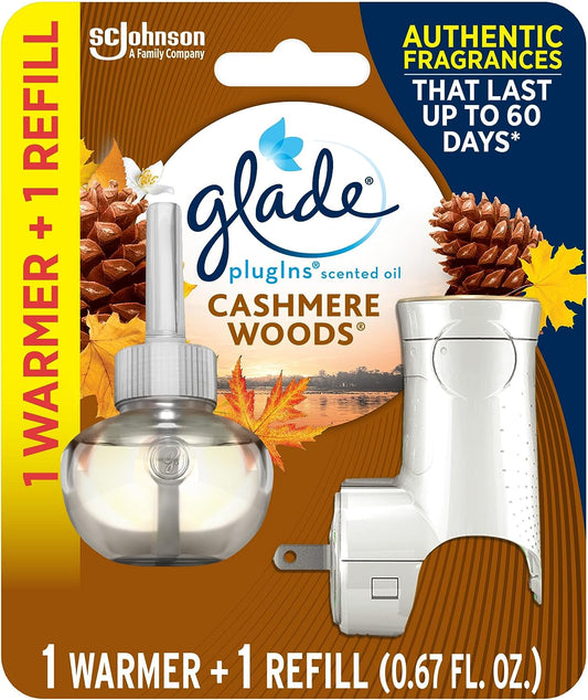 Glade Plugins Refills Air Freshener Starter Kit, Scented Oil for Home and Bathroom, Cashmere Woods, 0.67 Fl Oz, 1 Warmer + 1 Refill