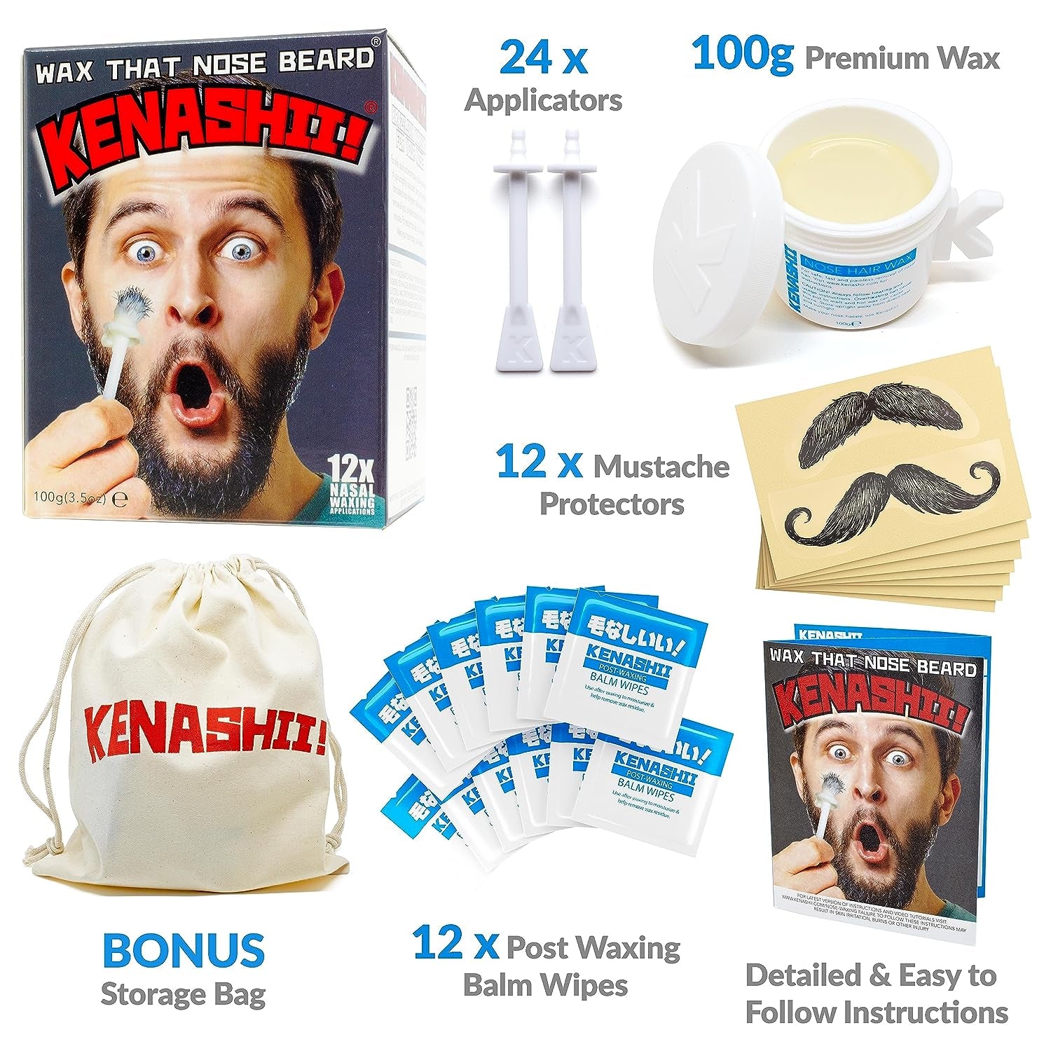 Nose Wax Kit | 100 G Wax, 24 Applicators | the Original and Best Nose and Ear Hair Removal Kit from Kenashii | Nasal Waxing for Men and Women | 12 Applications | 12 Balm Wipes | 12 Mustache Guards