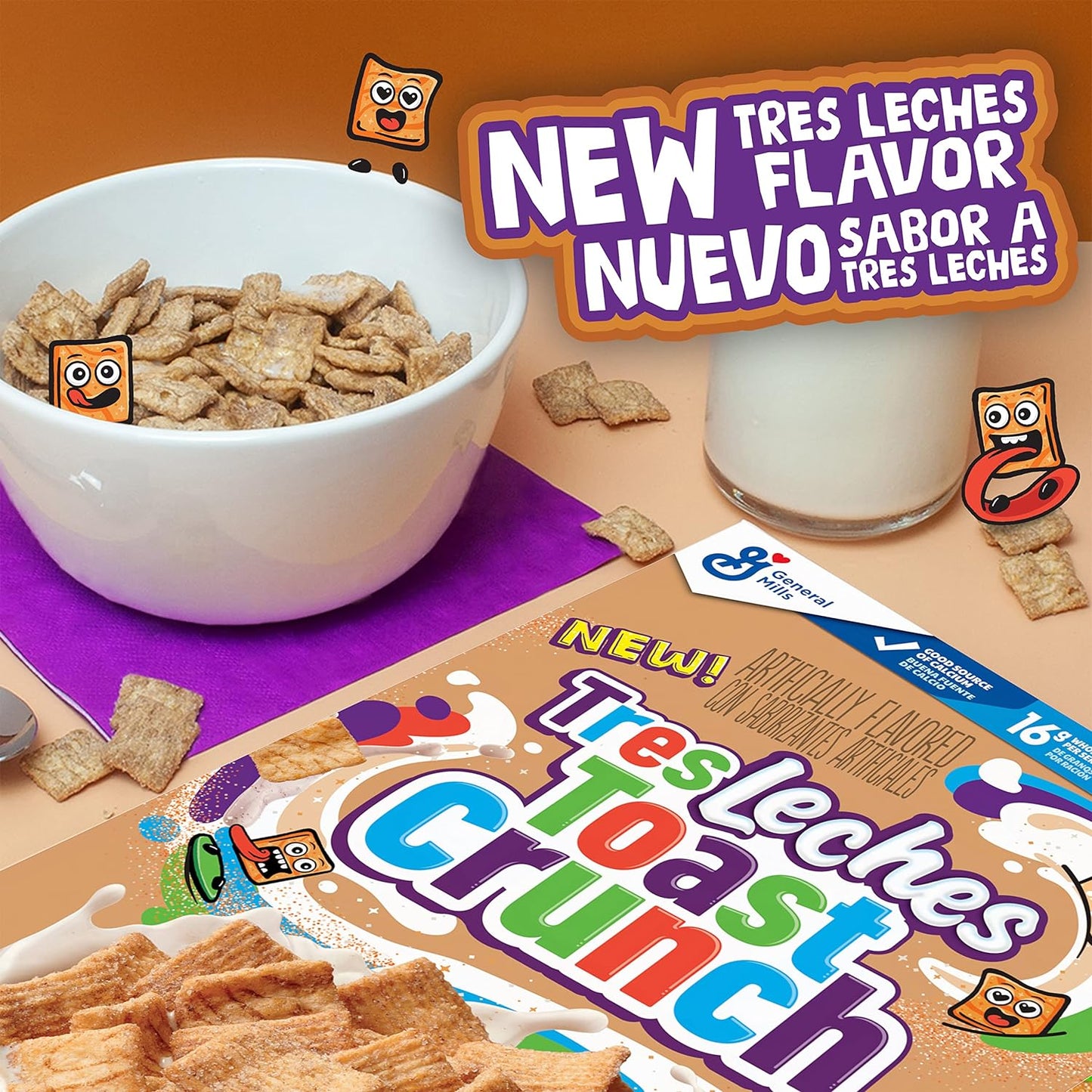 Tres Leches Toast Crunch Breakfast Cereal, Crispy Artificially Tres Leches Flavored Cinnamon Cereal, 12 Oz