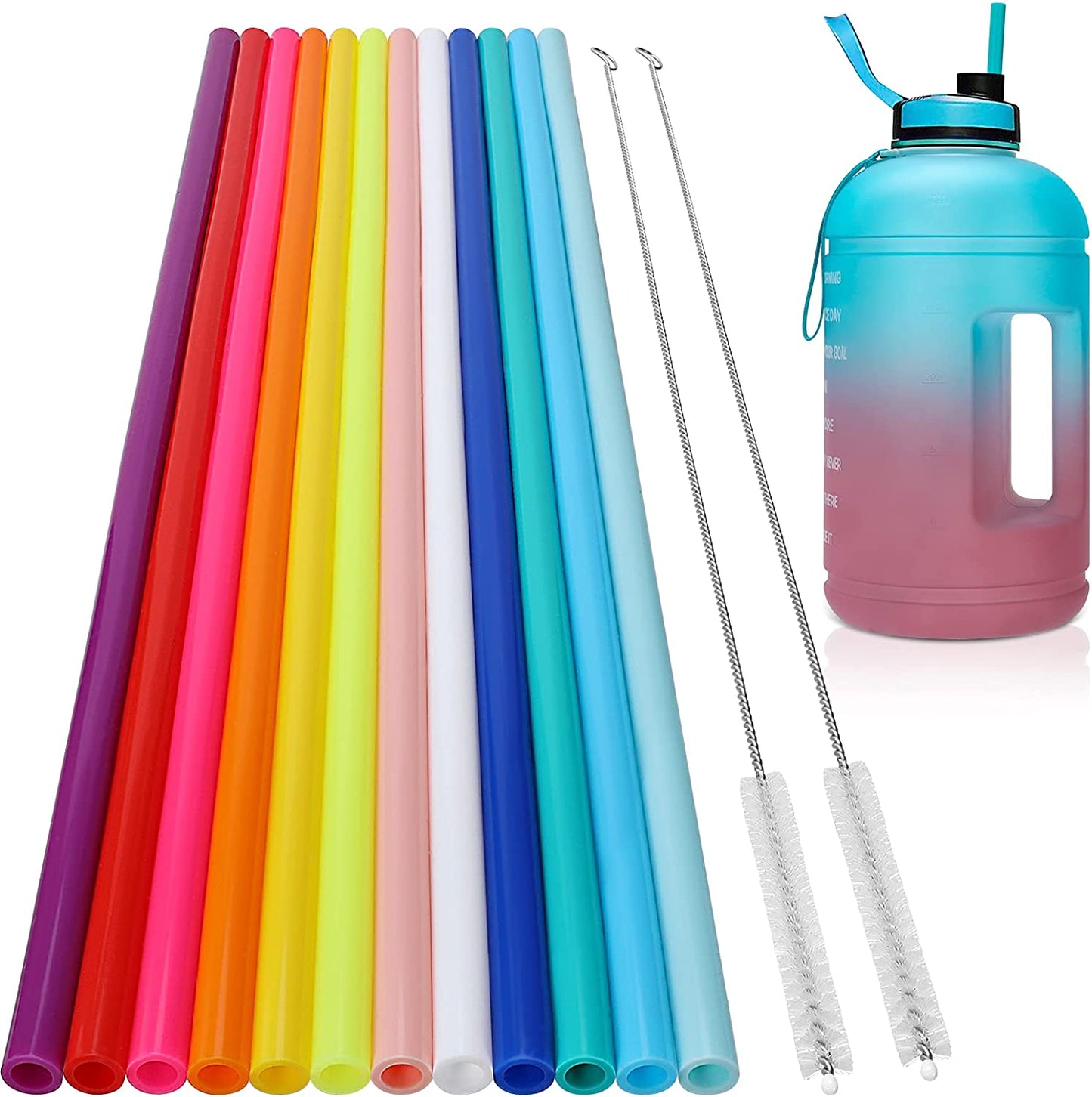 12 Pack, Extra Long 14.5 Inch Reusable Silicone Straws for Large Water Bottle -Wine Bottle - 1 Gallon 128 75 64 OZ Tumbler - Flexible Drinking Straws for Extra Tall Cups - 2 Cleaning Brushes