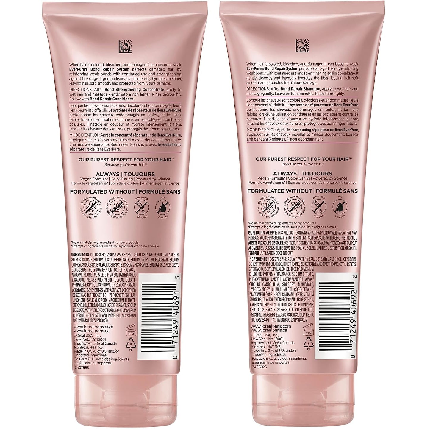 L'Oreal Paris Bond Repair Shampoo and Conditioner, Sulfate Free, Vegan, Everpure 1 Kit (Packaging May Vary)