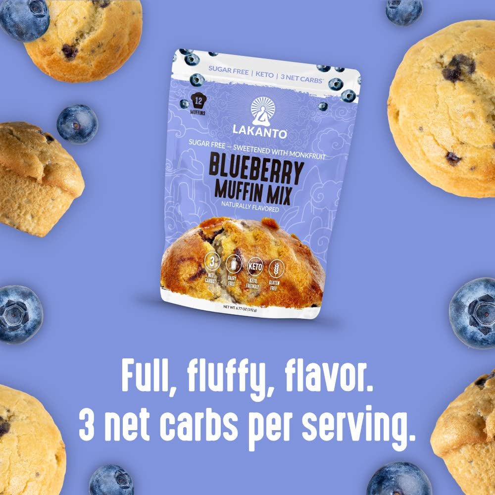 Lakanto Sugar Free Blueberry Muffin Mix - Naturally Flavored, Sweetened with Monk Fruit Sweetener, Keto Diet Friendly, 3 Net Carbs, Gluten Free, Breakfast Food, Delicious, Easy to Make (12 Servings)