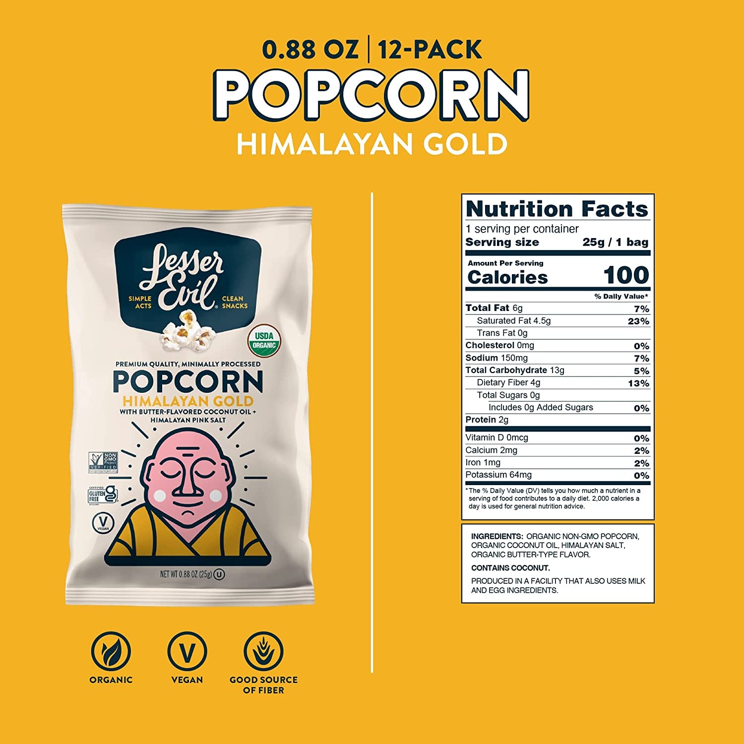 Lesserevil Himalayan Gold Salt Organic Popcorn, Premium Quality, Minimally Processed, No Vegetable Oil, 0.88 Oz (Pack of 12)