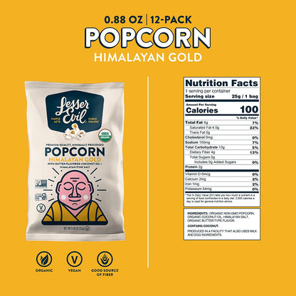 Lesserevil Himalayan Gold Salt Organic Popcorn, Premium Quality, Minimally Processed, No Vegetable Oil, 0.88 Oz (Pack of 12)