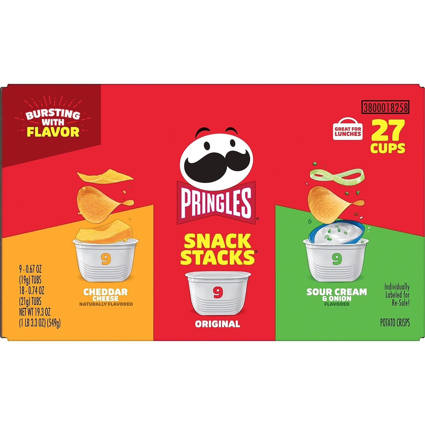 Pringles Potato Crisps Chips, Lunch Snacks, On-The-Go Snacks, Snack Stacks, Variety Pack, 19.3Oz Box (27 Cups)​​