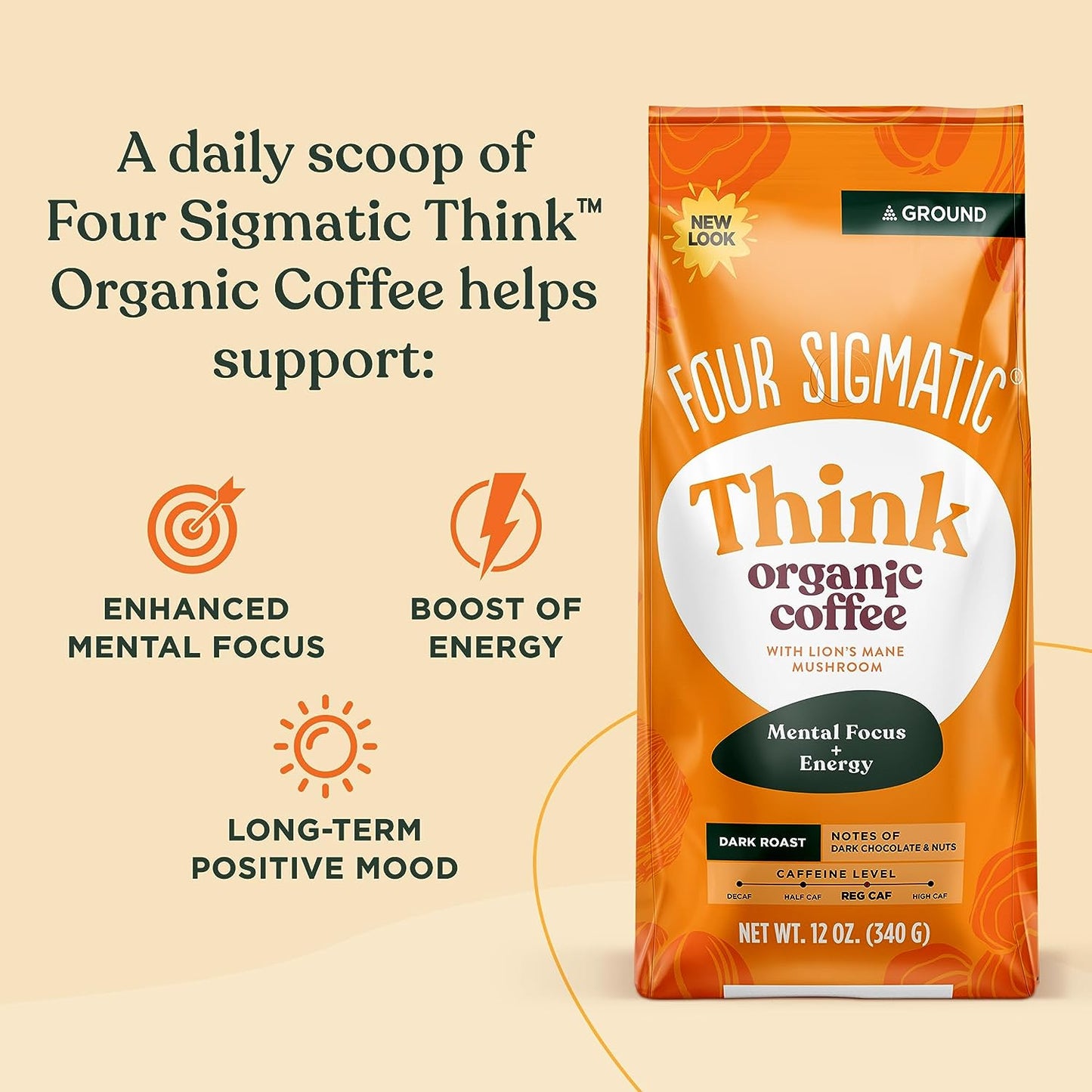 Organic Ground Mushroom Coffee by Four Sigmatic | Dark Roast, Fair Trade Gourmet Coffee with Lion'S Mane, Chaga & Mushroom Powder | Immune Boosting Coffee for Focus & Immune Support | 12Oz Bag