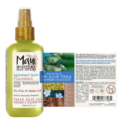 Maui Moisture Lightweight Curls + Flaxseed Curl Refresher Mist, Conditioning and Moisturizing Spray with Aloe Vera, Flaxseed Oil, Coconut Water, Vegan, Paraben Free, Silicone Free, 8 Fl Oz