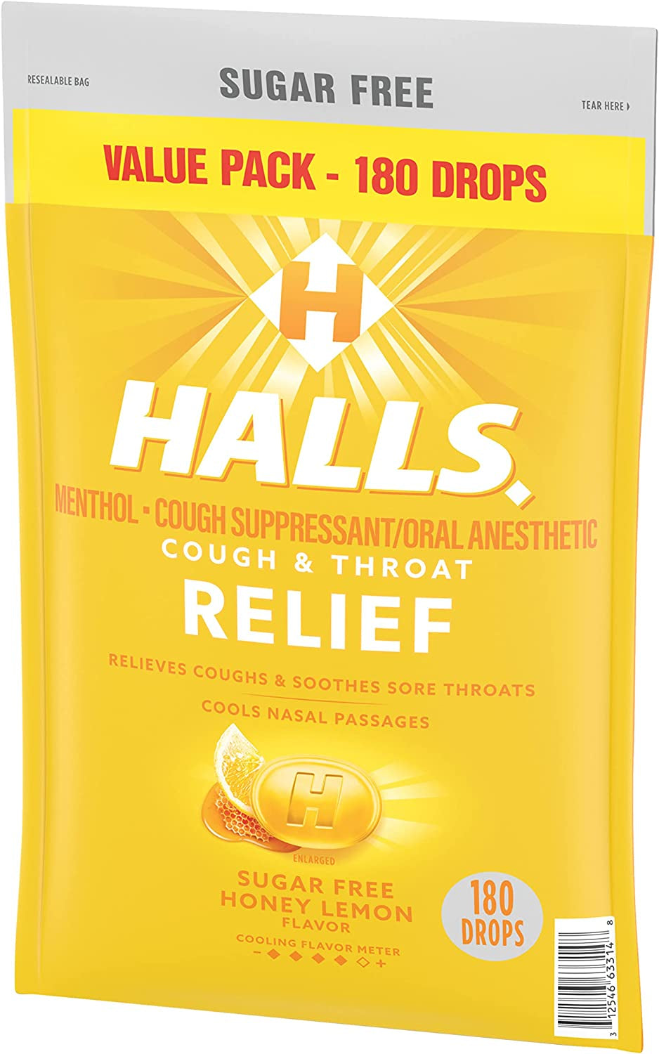 HALLS Relief Honey Lemon Sugar Free Cough Drops, Value Pack, 180 Drops