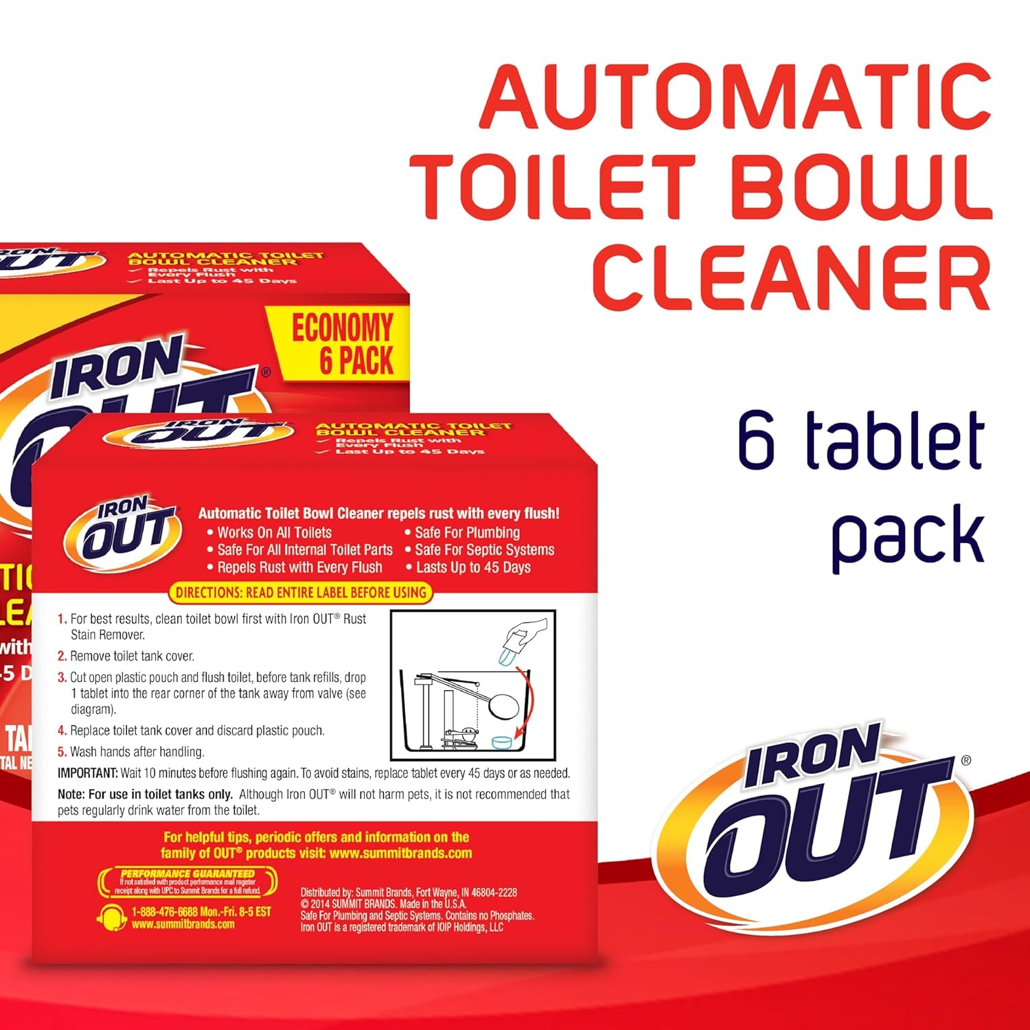 Iron OUT Automatic Toilet Bowl Cleaner, Repel Rust and Hard Water Stains with Every Flush, Household Toilet Cleaner, Pack of 1, 6 Tablets, White