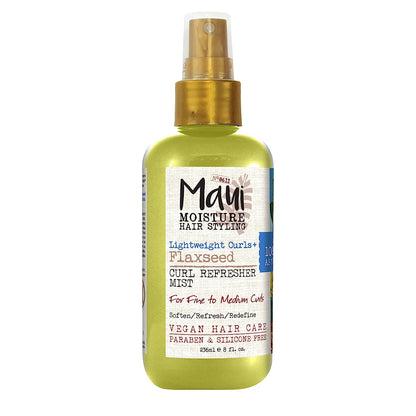 Maui Moisture Lightweight Curls + Flaxseed Curl Refresher Mist, Conditioning and Moisturizing Spray with Aloe Vera, Flaxseed Oil, Coconut Water, Vegan, Paraben Free, Silicone Free, 8 Fl Oz