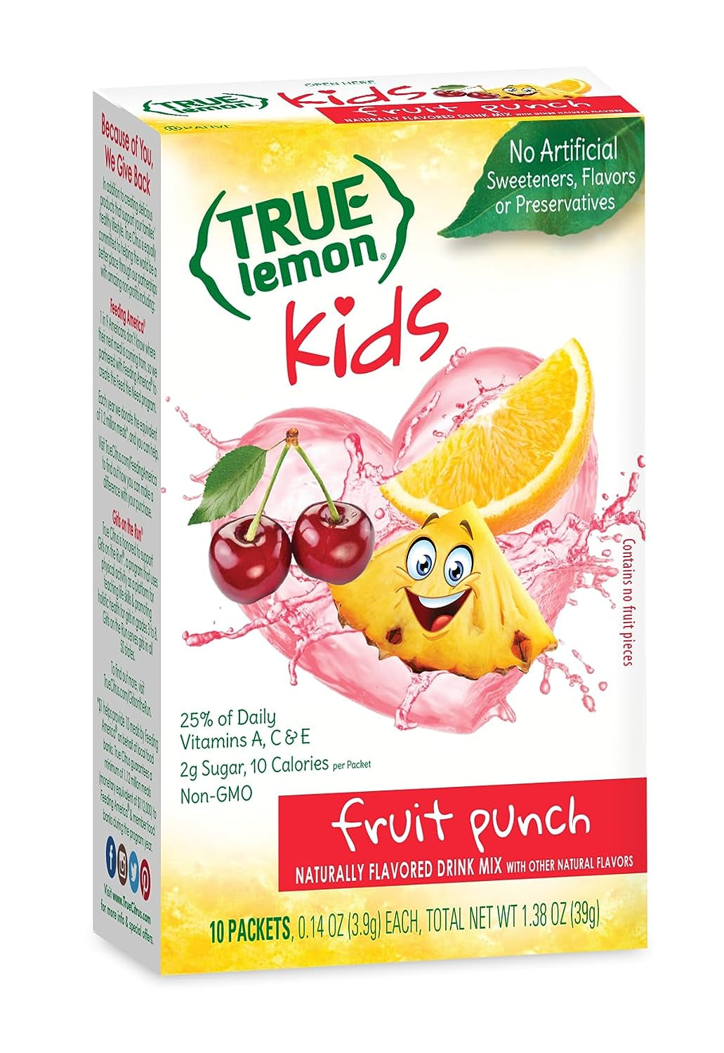 TRUE LEMON KIDS Fruit Punch (10 Packets) - Hydration for Kids - No Preservatives, No Artificial Flavors & Sweeteners - Low Sugar Water Flavoring - Juice Powdered Drink Mix (Packaging May Vary)