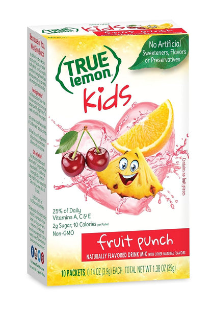 TRUE LEMON KIDS Fruit Punch (10 Packets) - Hydration for Kids - No Preservatives, No Artificial Flavors & Sweeteners - Low Sugar Water Flavoring - Juice Powdered Drink Mix (Packaging May Vary)