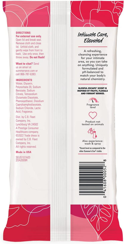 Summer'S Eve Blissful Escape Daily Refreshing Feminine Wipes, Removes Odor, Ph Balanced, 32 Count