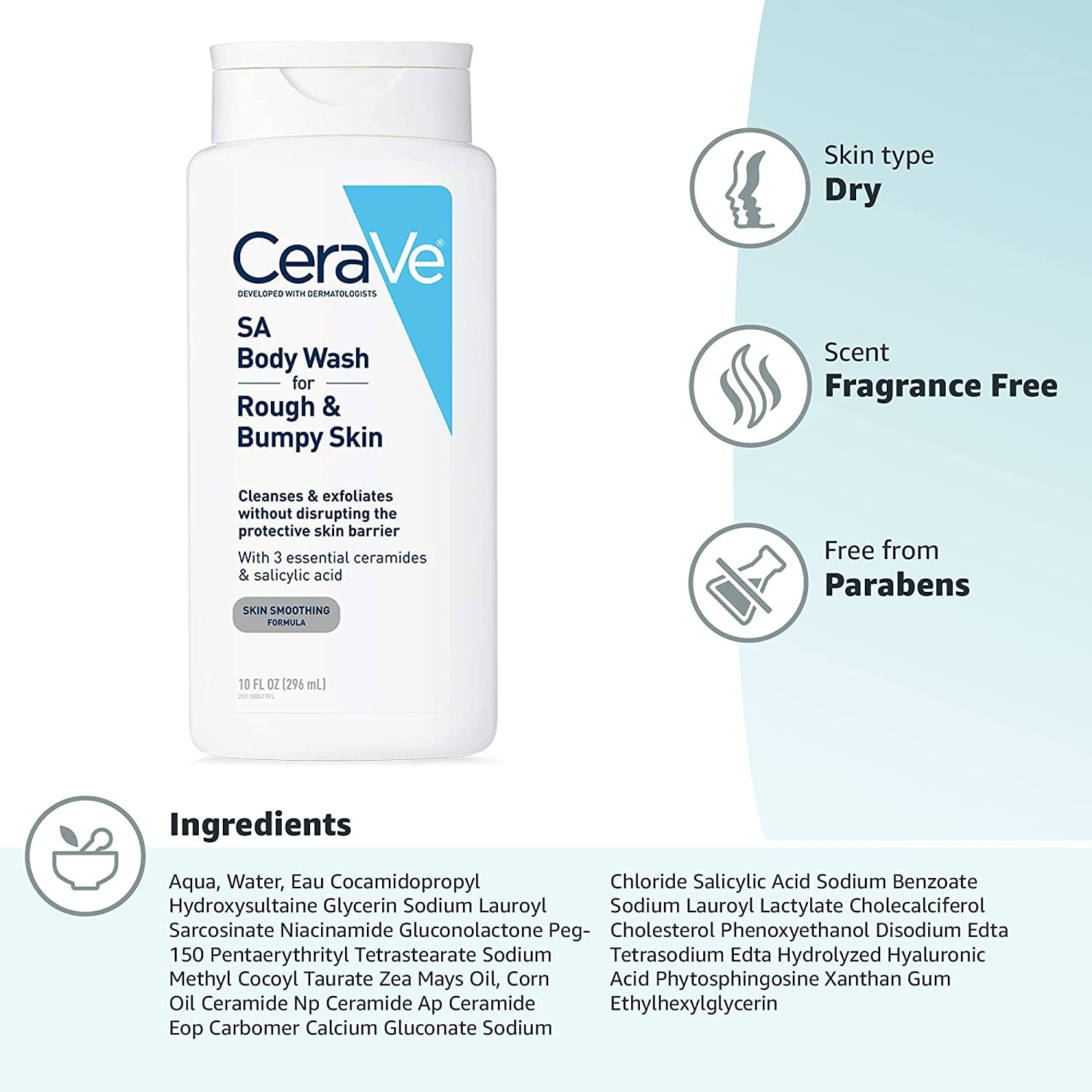 Cerave Body Wash with Salicylic Acid | Fragrance Free Body Wash to Exfoliate Rough and Bumpy Skin | Allergy Tested | 10 Ounce