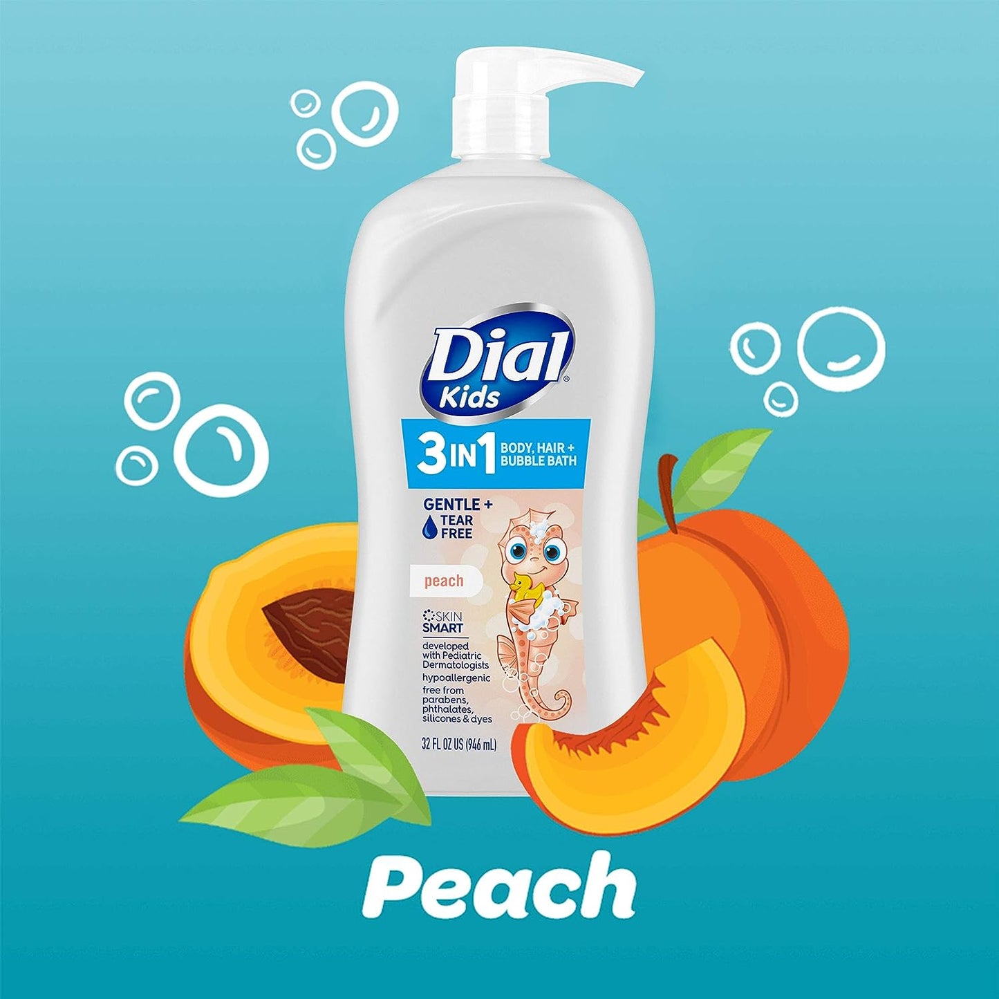 Dial Kids 3-In-1 Body+Hair+Bubble Bath, Peach, 32 Fl Oz