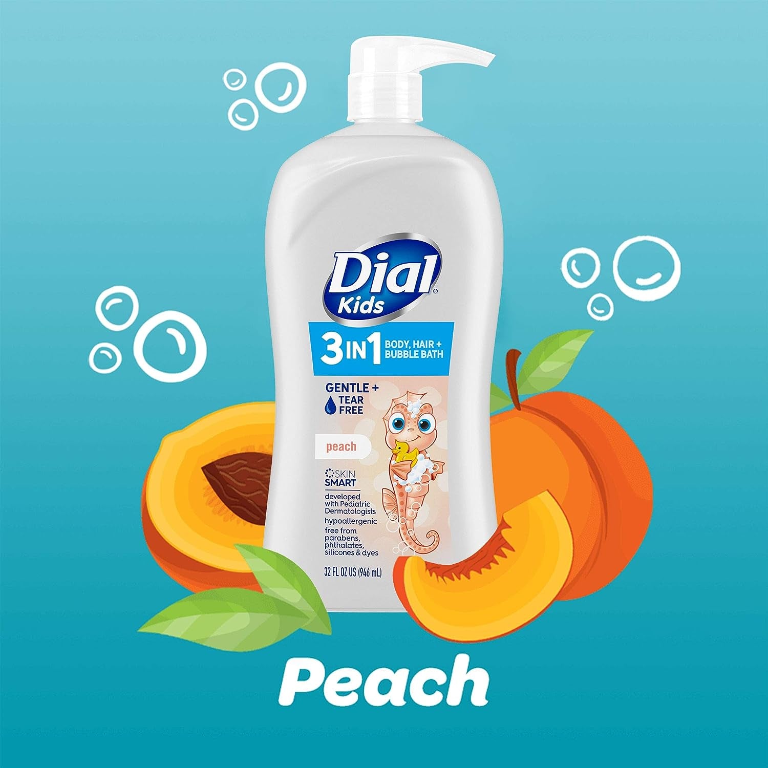 Dial Kids 3-In-1 Body+Hair+Bubble Bath, Peach, 32 Fl Oz